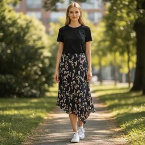 Vintage Y2K 2000s Merona Black Paisley Asymmetrical Hem Slit Midi Skirt Small